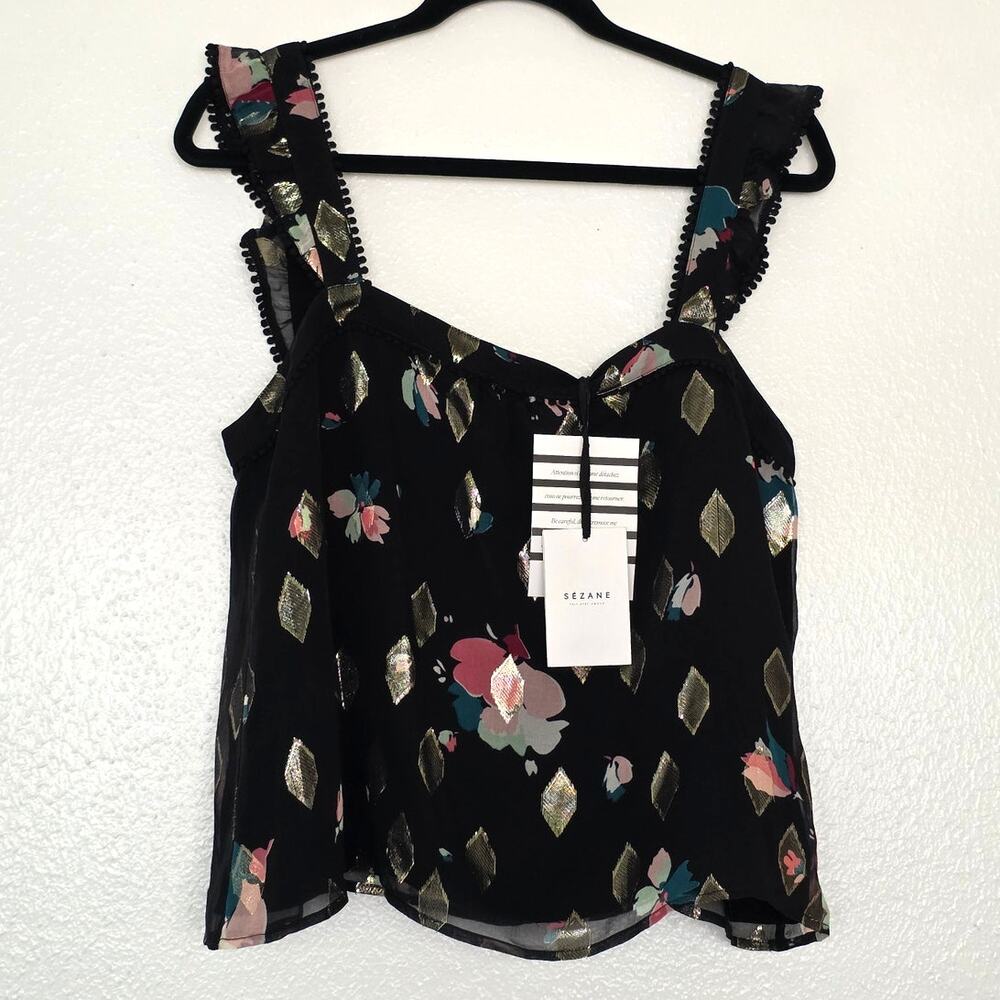 Sezane Abby Blouse Black Metallic Floral Diamond Silk Tank Top Button Down - Picture 2 of 10